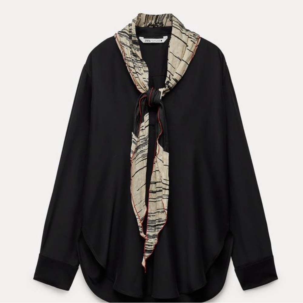 Zara Black Blouse with Beige Patterned Scarf